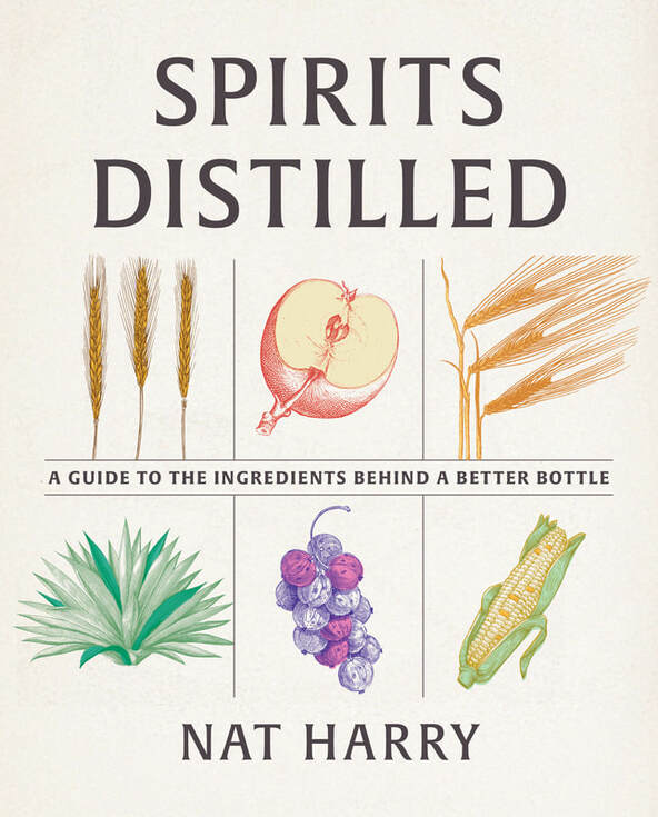 Cover of book -- Spirits Distilled by Nat Harry -- featuring hand-drawn illustrations of hops, grapes, agave, and corn